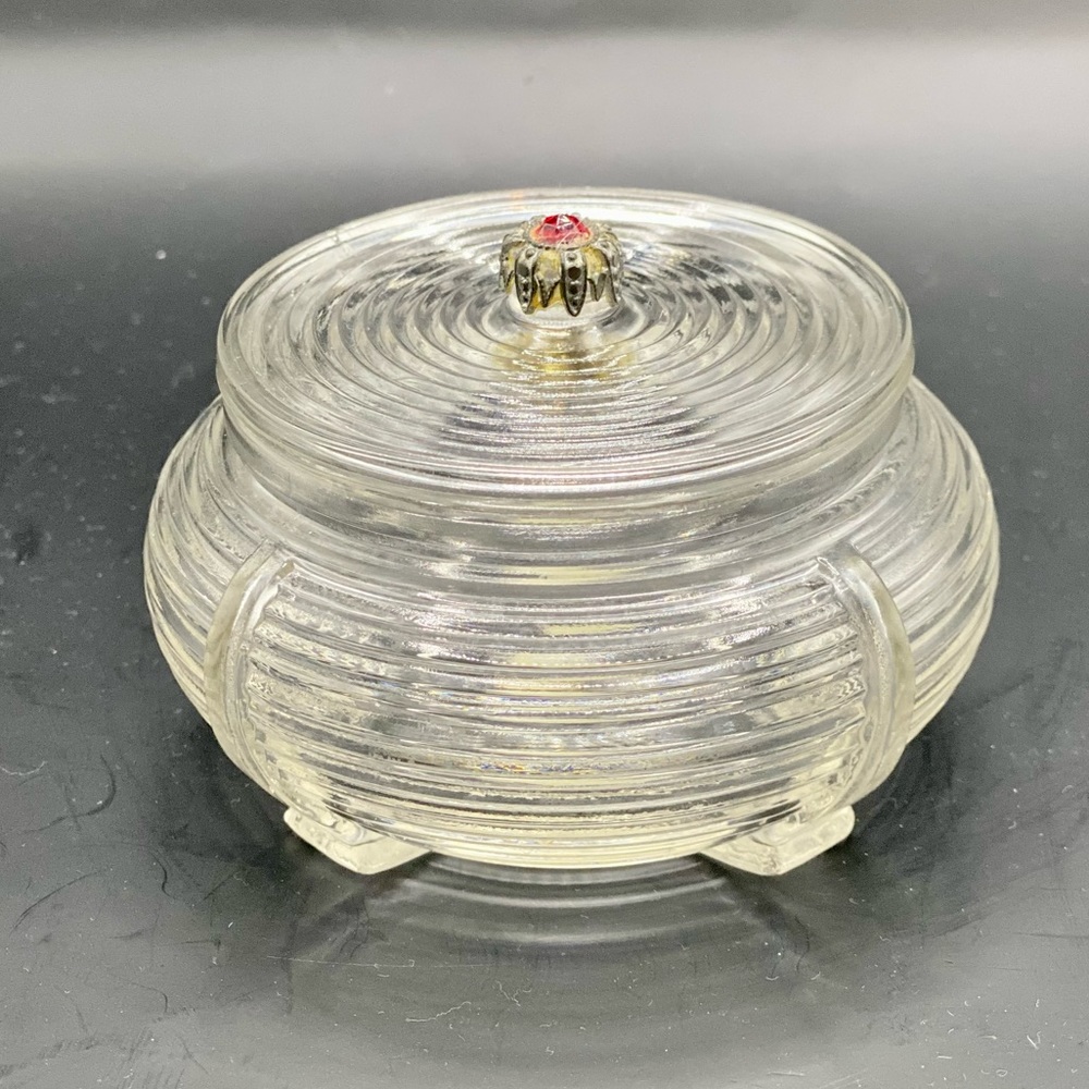 *VINTAGE* Art Deco Clear Glass Lidded Powder Jar With Red Rhinestone